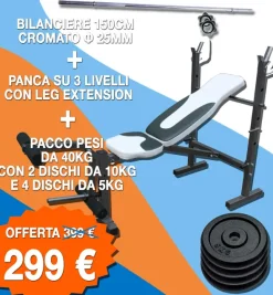 Kit Completo Panca Richiudibile + Bilanciere 150 cm + 40 Kg Dischi in Ghisa